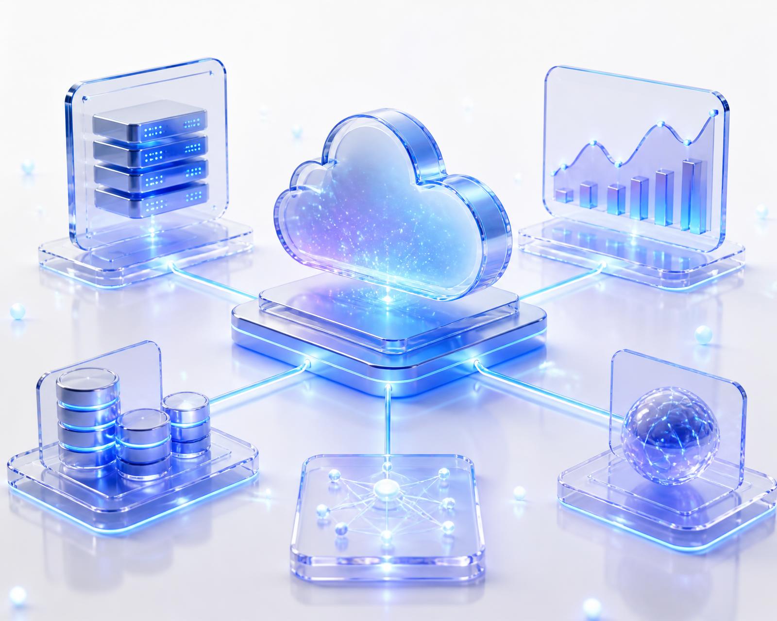 Premium 3D cloud infrastructure illustration with a central glass cloud platform connected to servers, storage, networking and performance analytics panels.