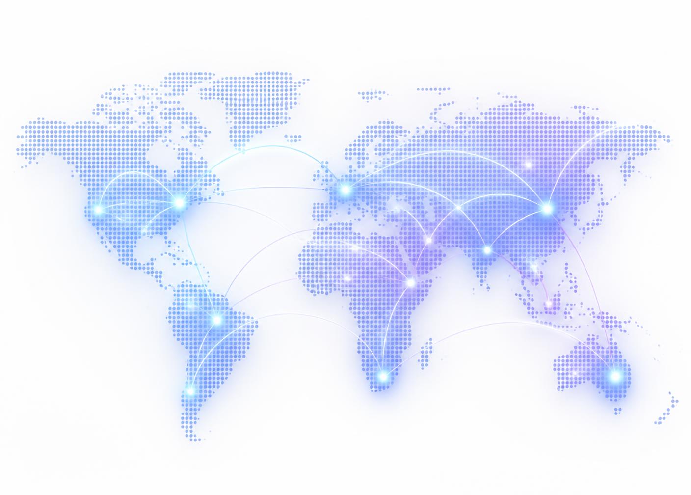 Abstract dotted world map with glowing connection points linking global regions