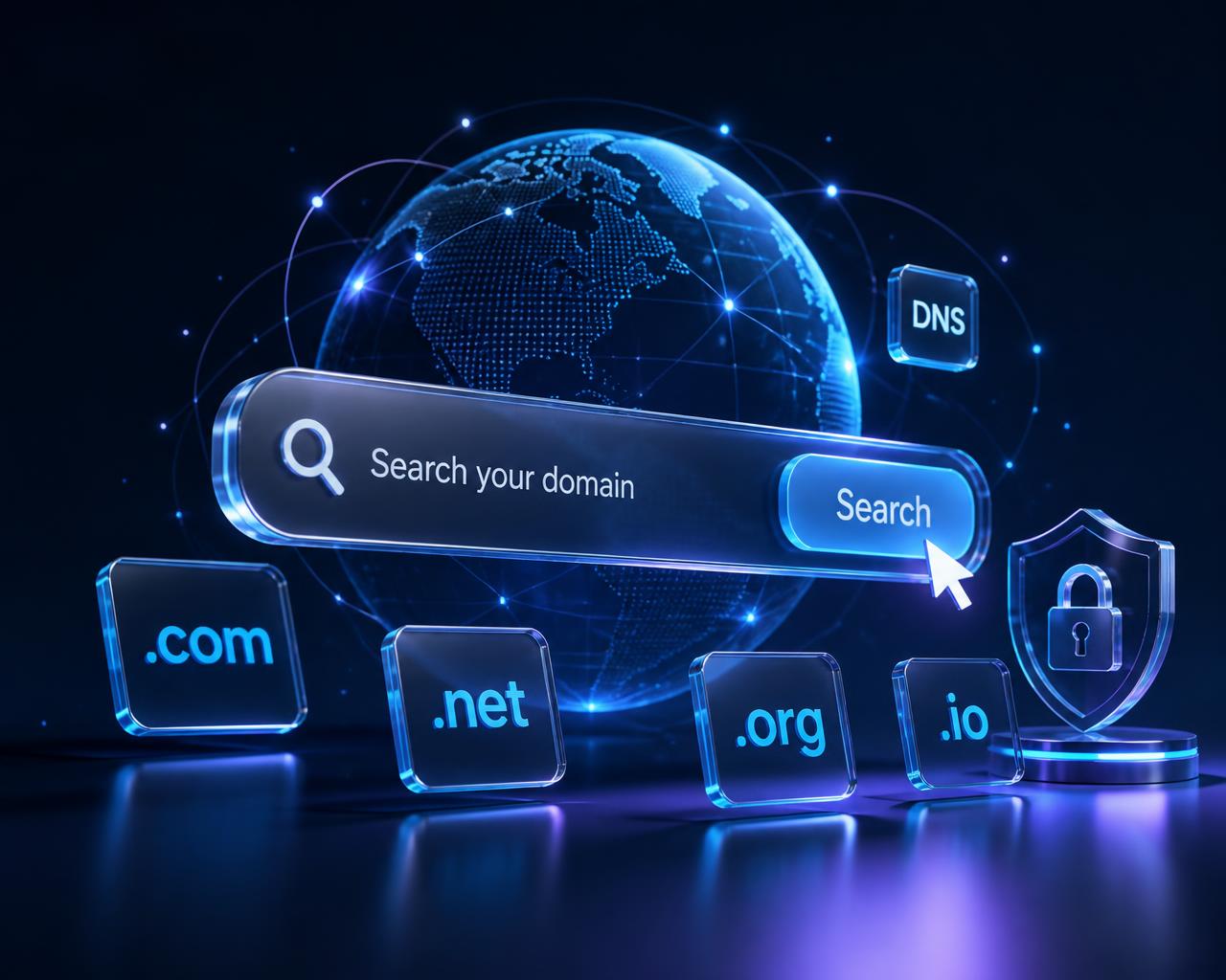 Premium 3D illustration of a domain search interface with a global DNS network globe, .com, .net, .org and .io extension tiles and a secure registration shield.