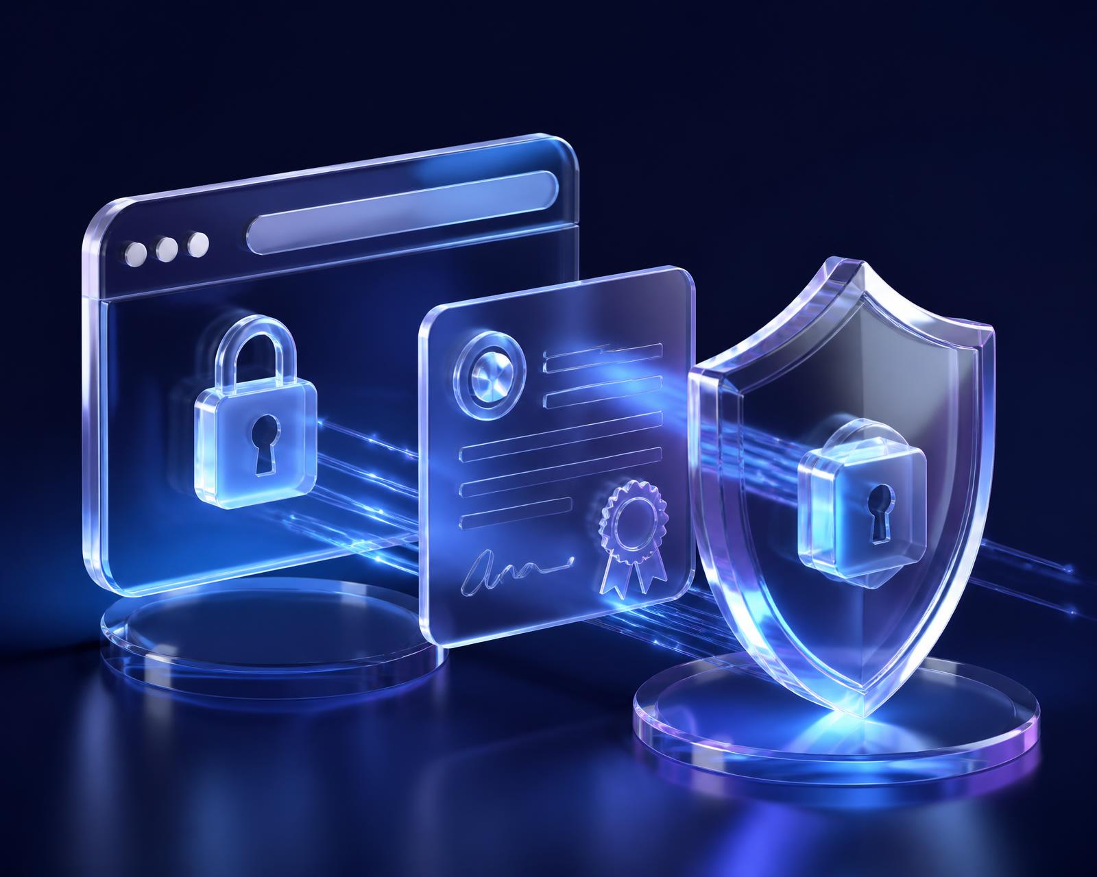 Premium 3D illustration of a secure browser window with an HTTPS padlock, an SSL certificate with a verification seal and a translucent glass encryption shield.