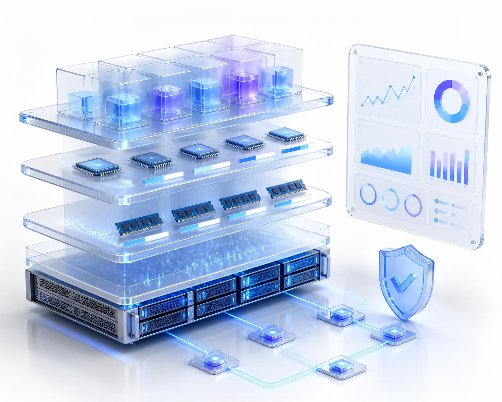 Premium 3D illustration of VPS infrastructure with layered virtualization planes, CPU and RAM allocation, glowing network connections, a performance dashboard and a security shield.
