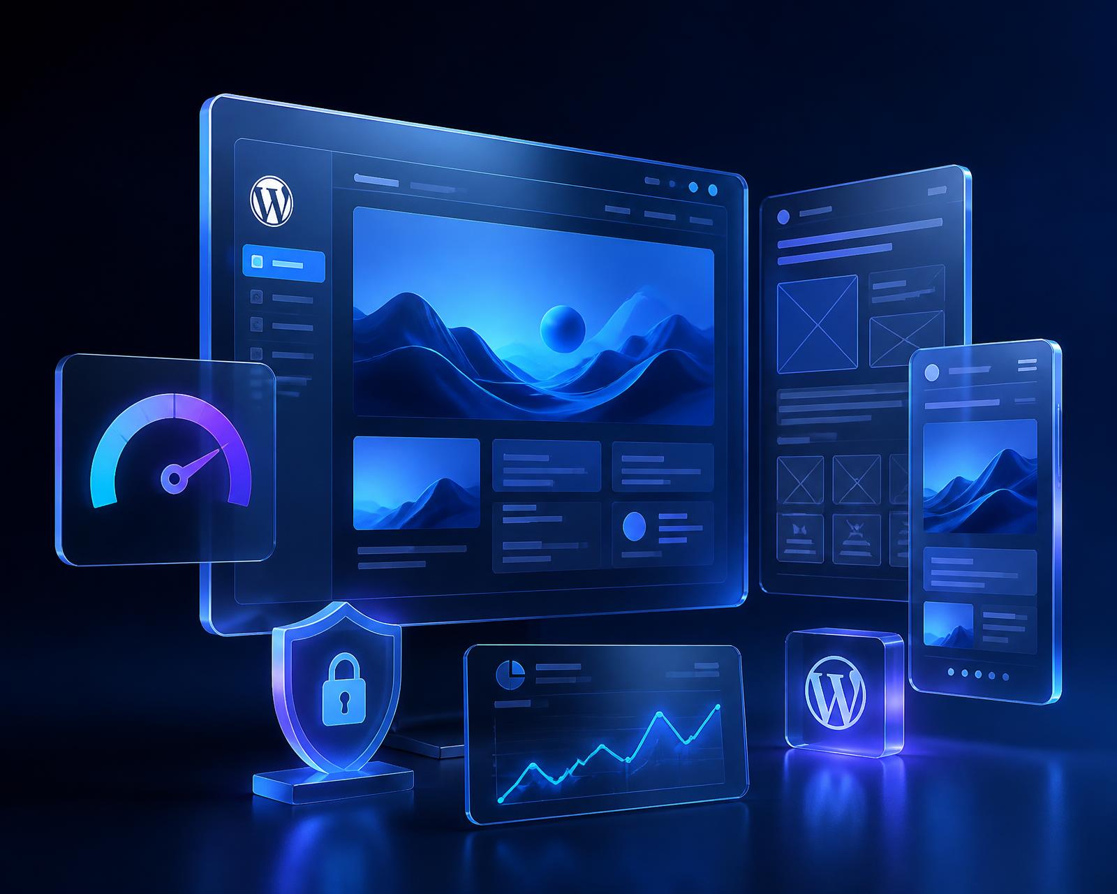 Premium 3D illustration of a WordPress website builder interface with wireframe layouts, responsive desktop and mobile mockups, a performance gauge, a security shield and an analytics dashboard.